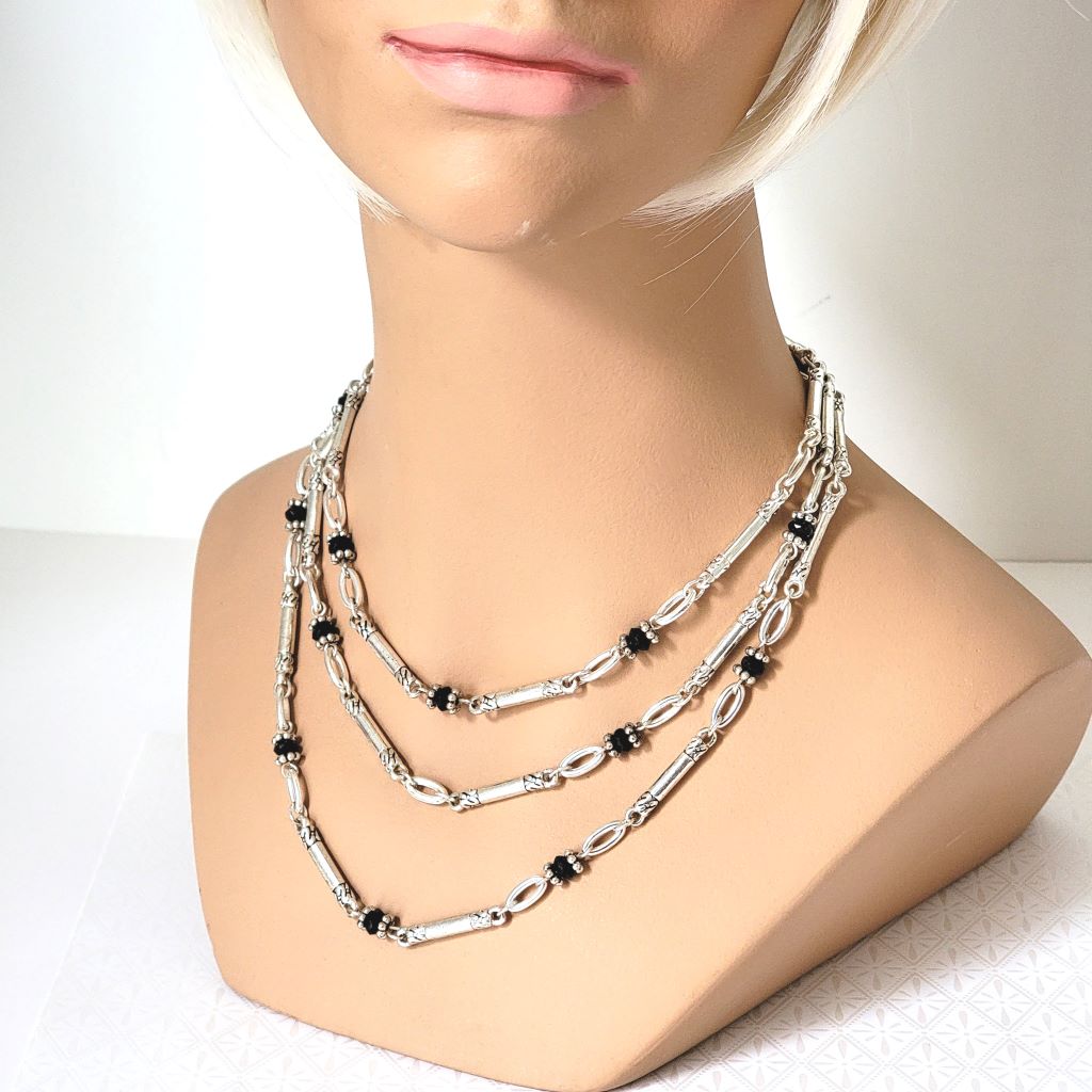 Avon Triple Strand Silver Tone Necklace with Black Bead Accents