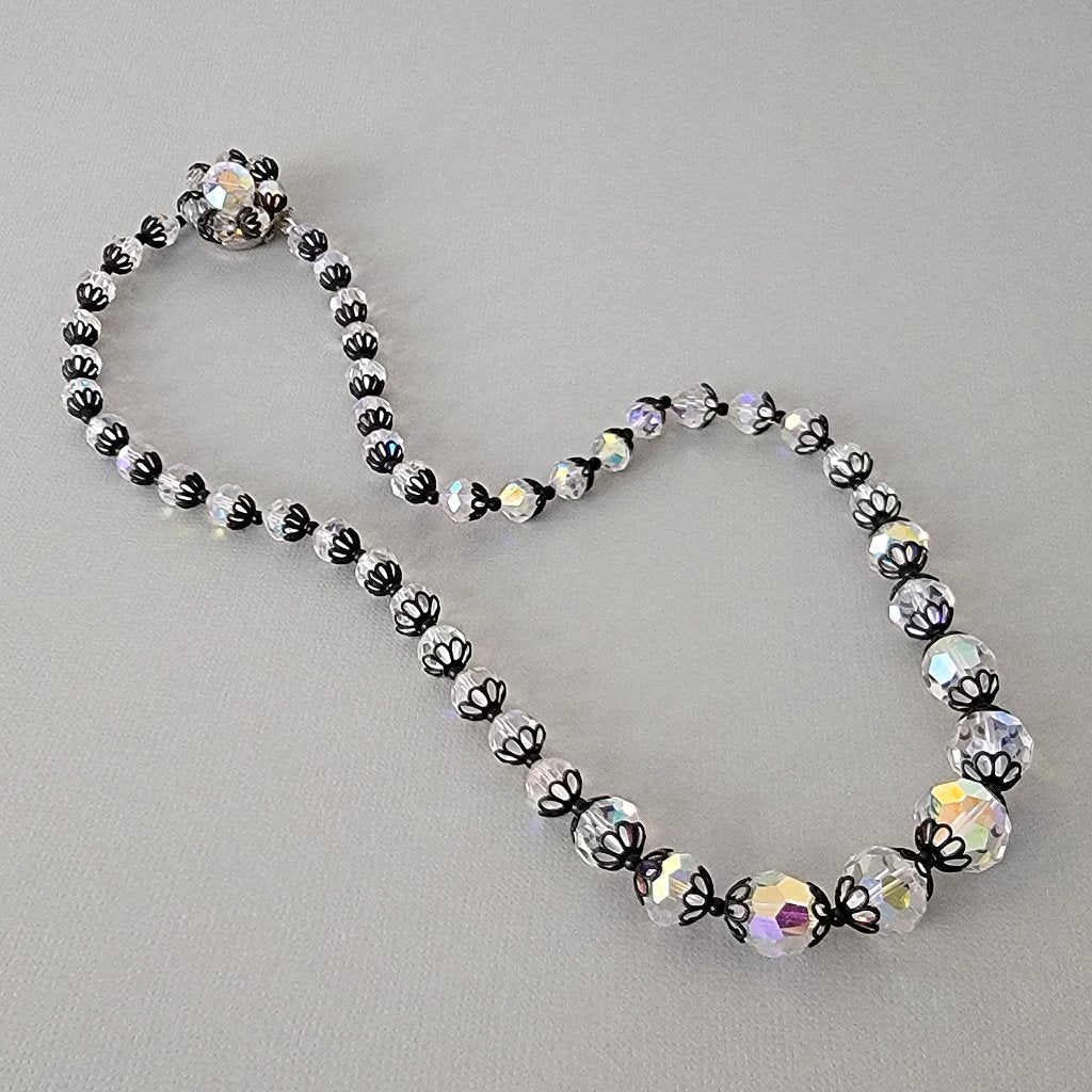 Vintage black and clear aurora beaded necklace.