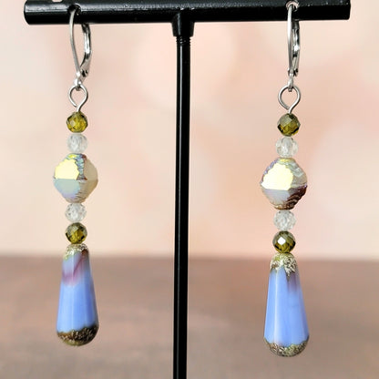 Long blue glass teardrop earrings.