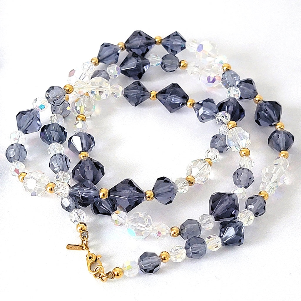 Long denim blue acrylic beaded necklace.