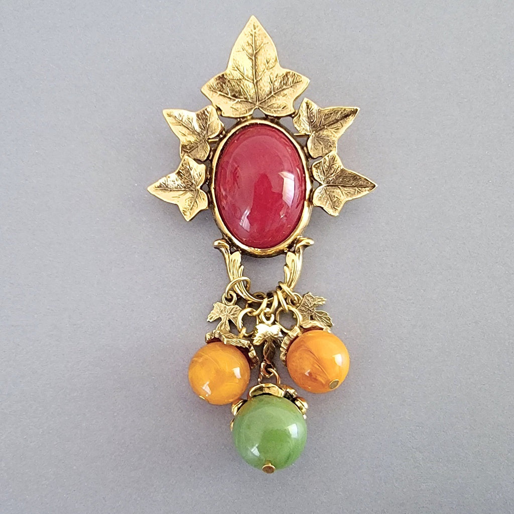 Fall color leaf and bead dangle brooch.