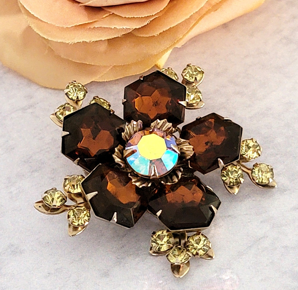 Topaz brown hexagon shaped glass rhinestone brooch.