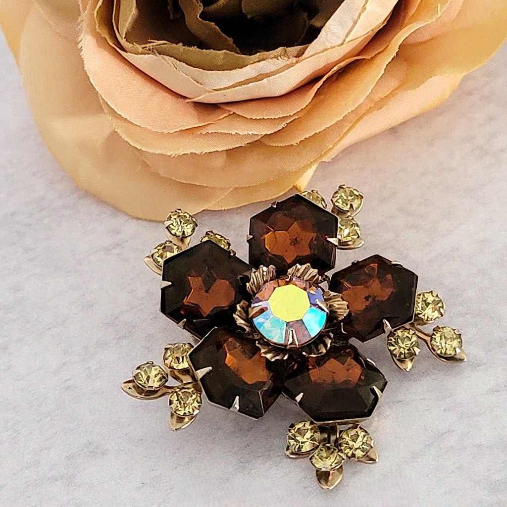 Brown hexagon rhinestone brooch.