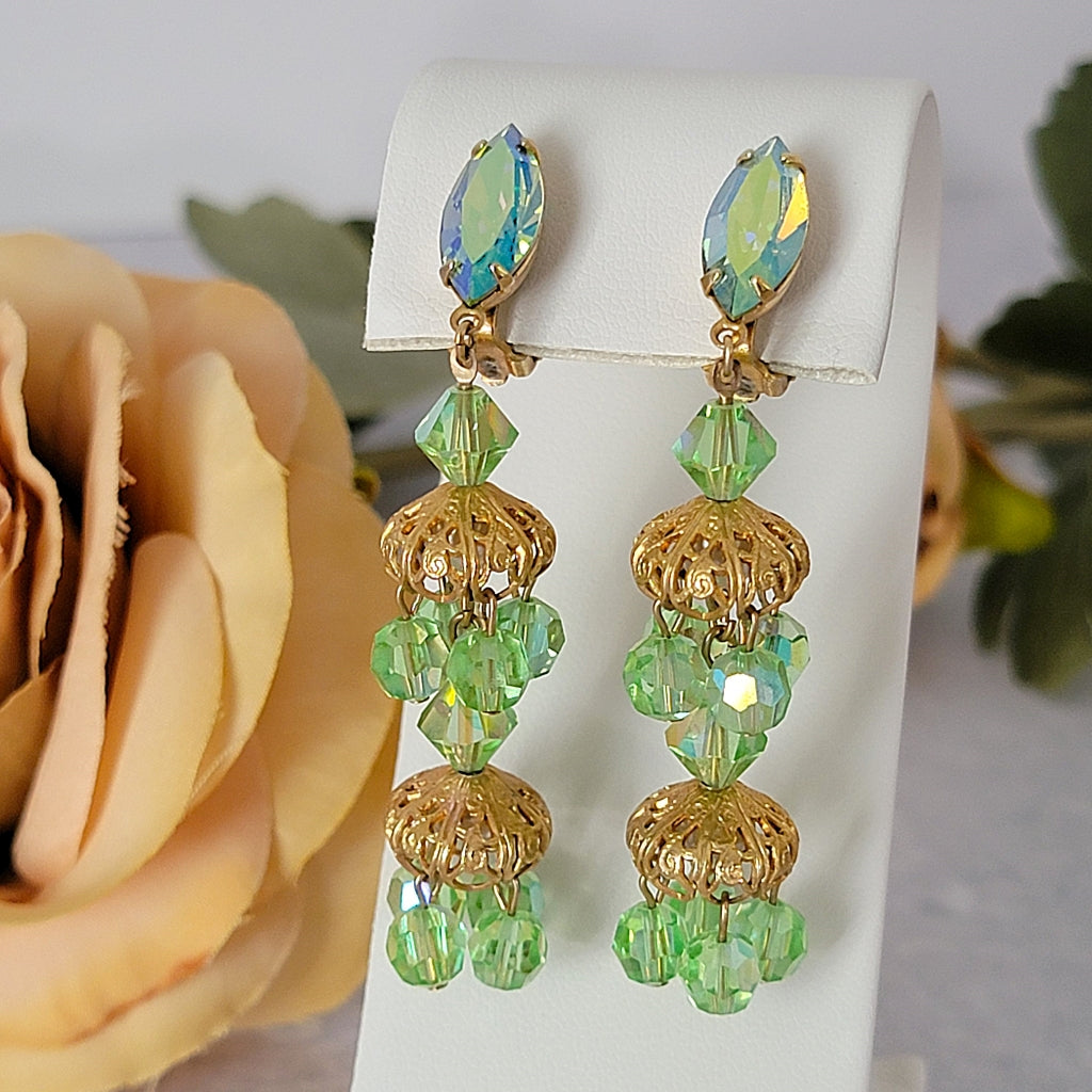 Vintage 60s long green chandelier style earrings.