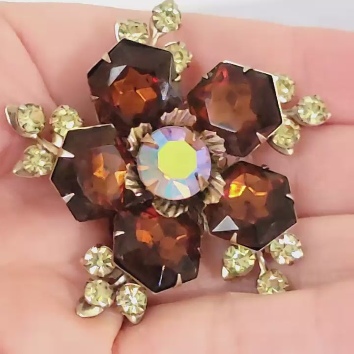 Vintage hexagon shaped yellow and brown rhinestone brooch.