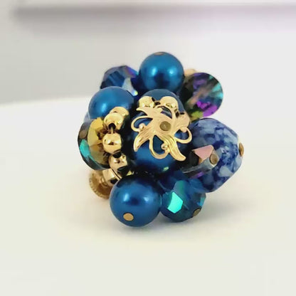 Vintage blue Vendome bead cluster clip earrings.