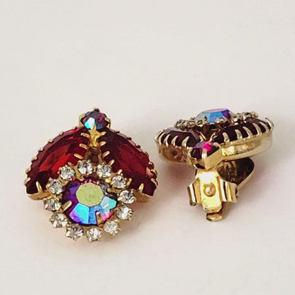 Vintage red rhinestone floral earrings.