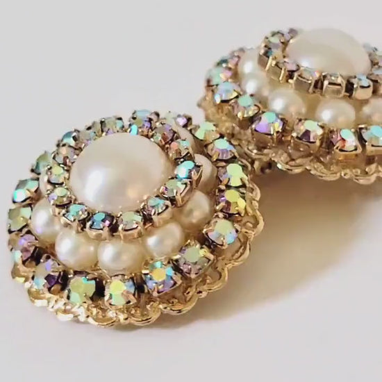 Big aurora borealis vintage rhinestone dome earrings with faux pearls.