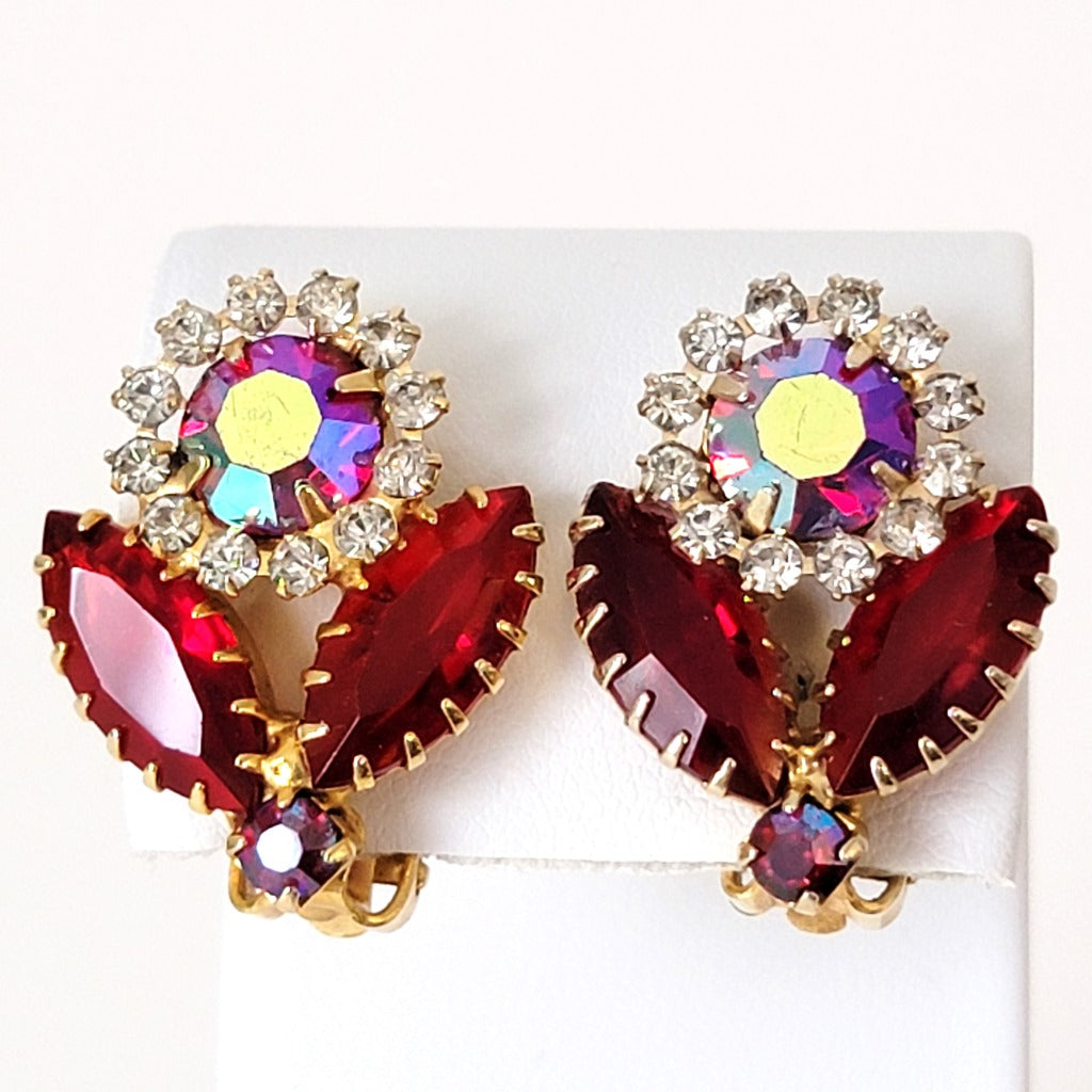 Red rhinestone flower earrings.