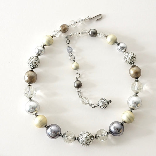 Statement Choker Faux Pearl and Glass Silvery Beaded