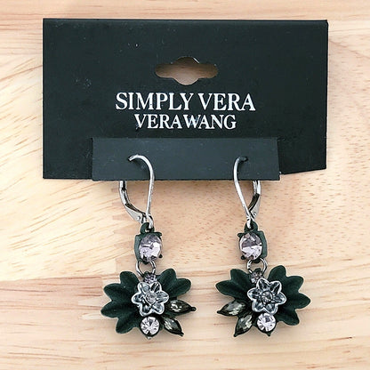 Simply Vera Wang green enamel dangle earrings on card.