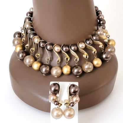 Brown and gold bead dangle choker and earrings set.