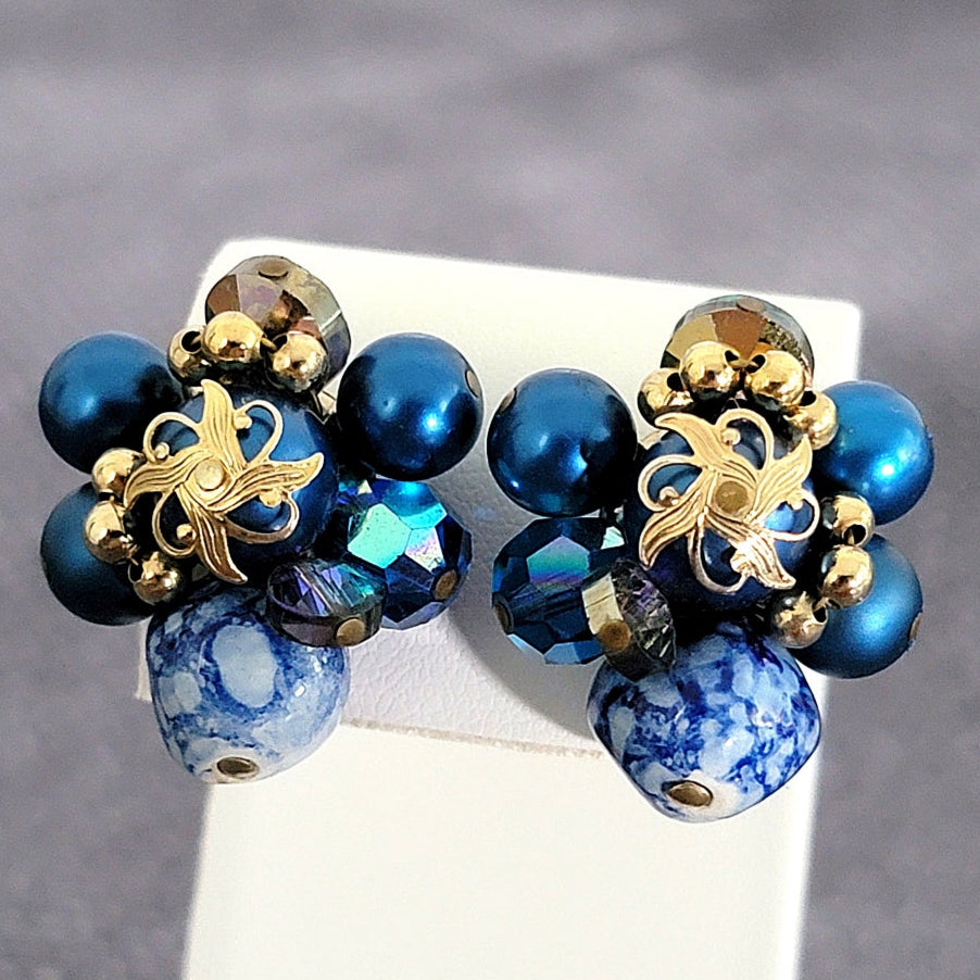 Blue vintage bead cluster earrings.