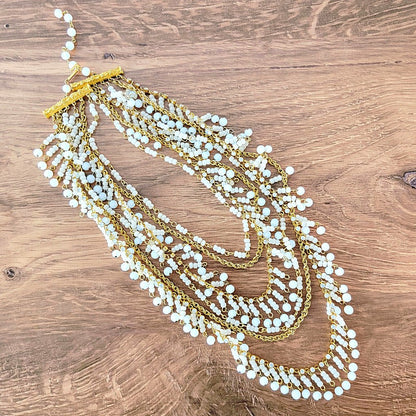 White multistrand beaded necklace.