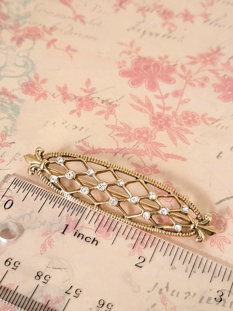 Rhinestone bar brooch, in open lattice design, Victorian style