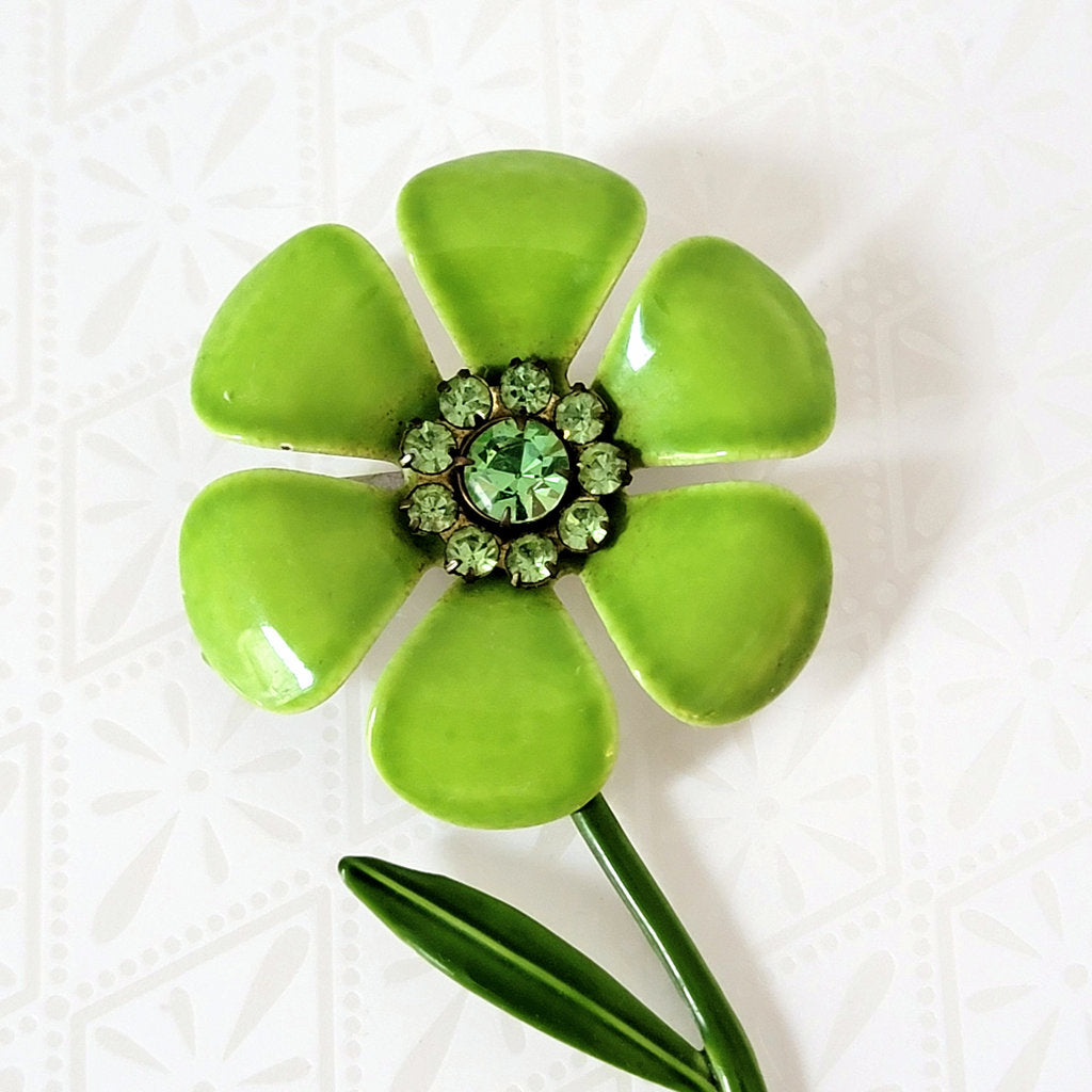 Vintage Lime Green Enamel Flower Brooch